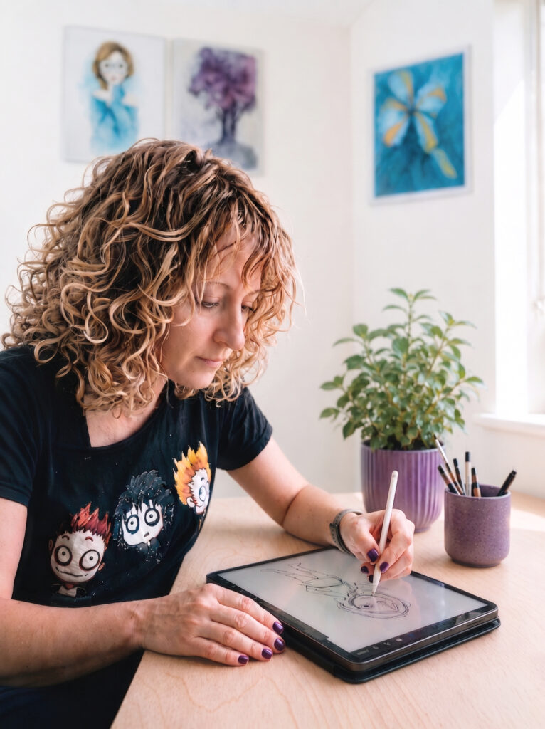 Cristina Vicente ilustrando en tableta digital en su estudio