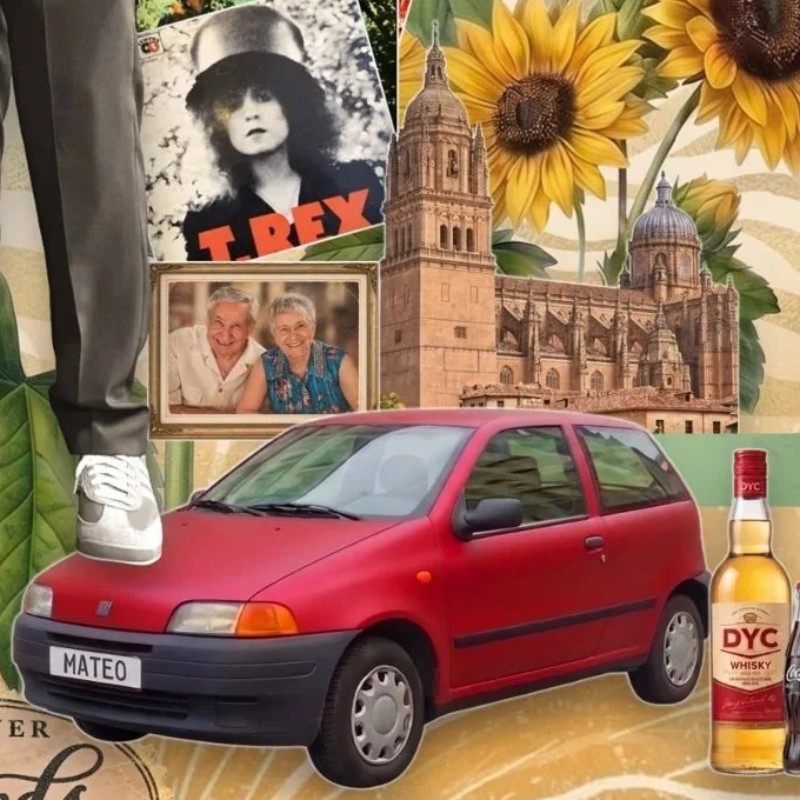 Detalle de collage personalizado con coche rojo, catedral, girasoles y fotos familiares