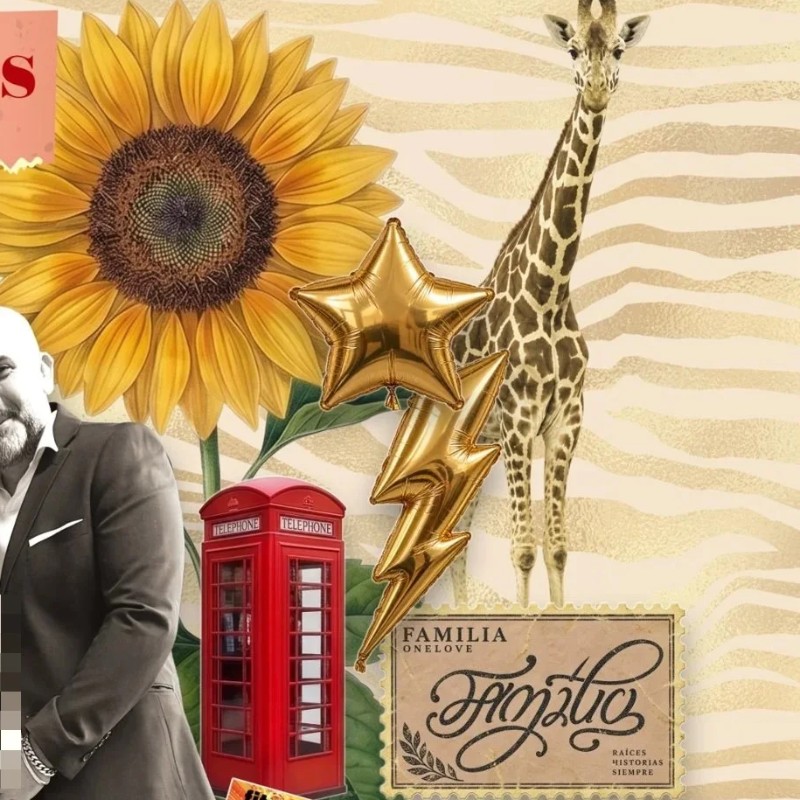 Detalle de collage personalizado con girasol, jirafa, cabina roja y sello familiar