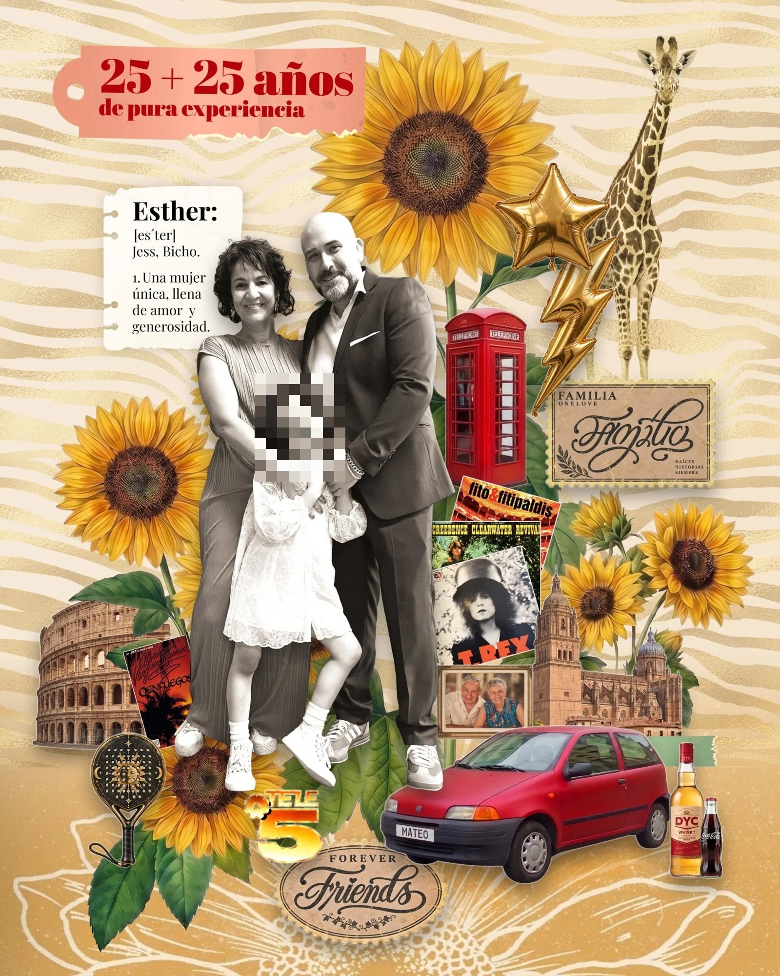 Collage personalizado de 50 cumpleaños con fotos, girasoles y monumentos